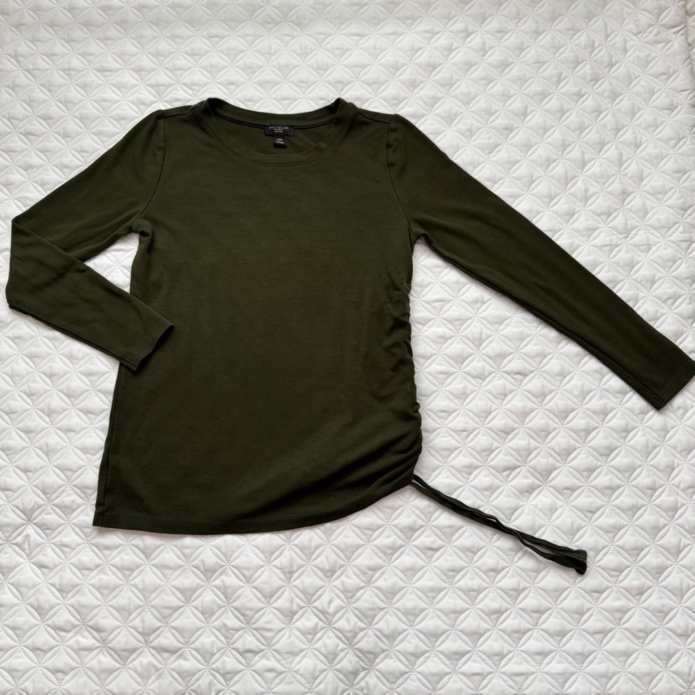 Ann Taylor Factory Olive Green Side Ruching Crewneck Long Sleeve Top Size XXSP